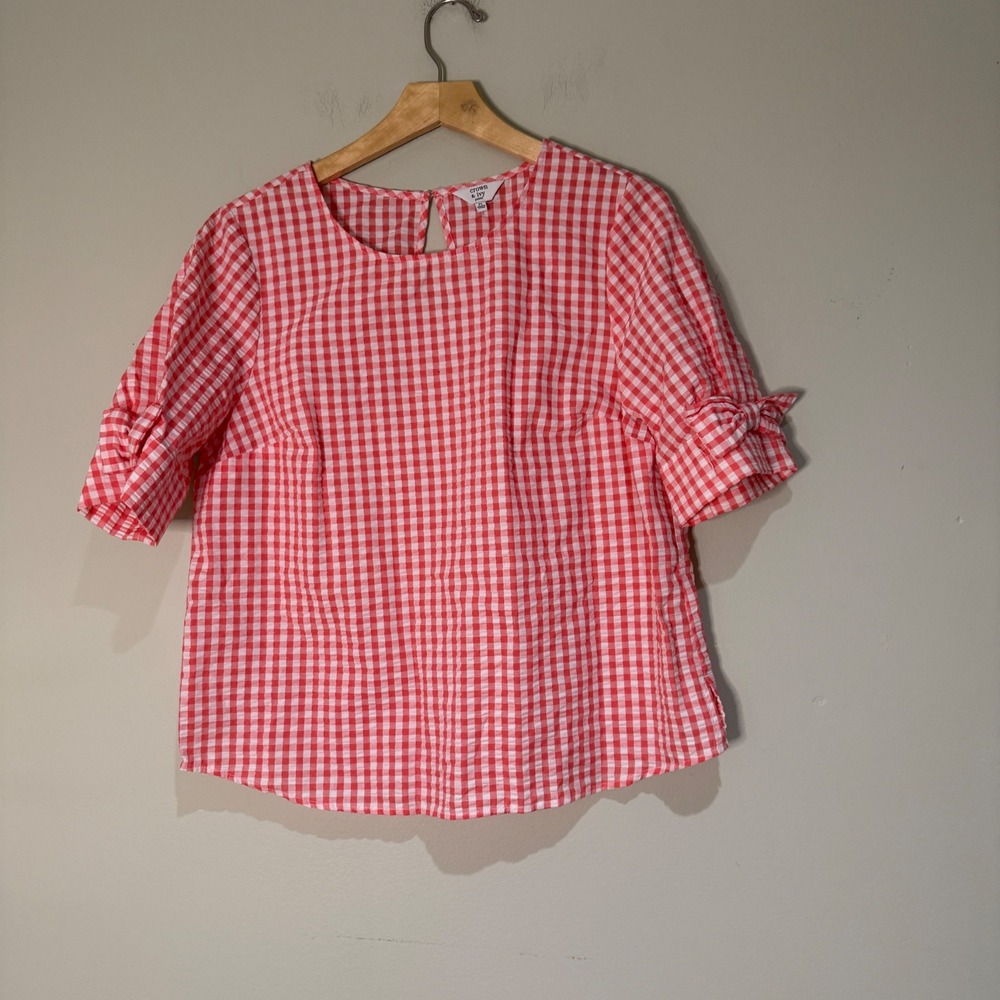 Crown‎ & Ivy Gingham Top Tie Sleeve Blouse Petite Coral White PL